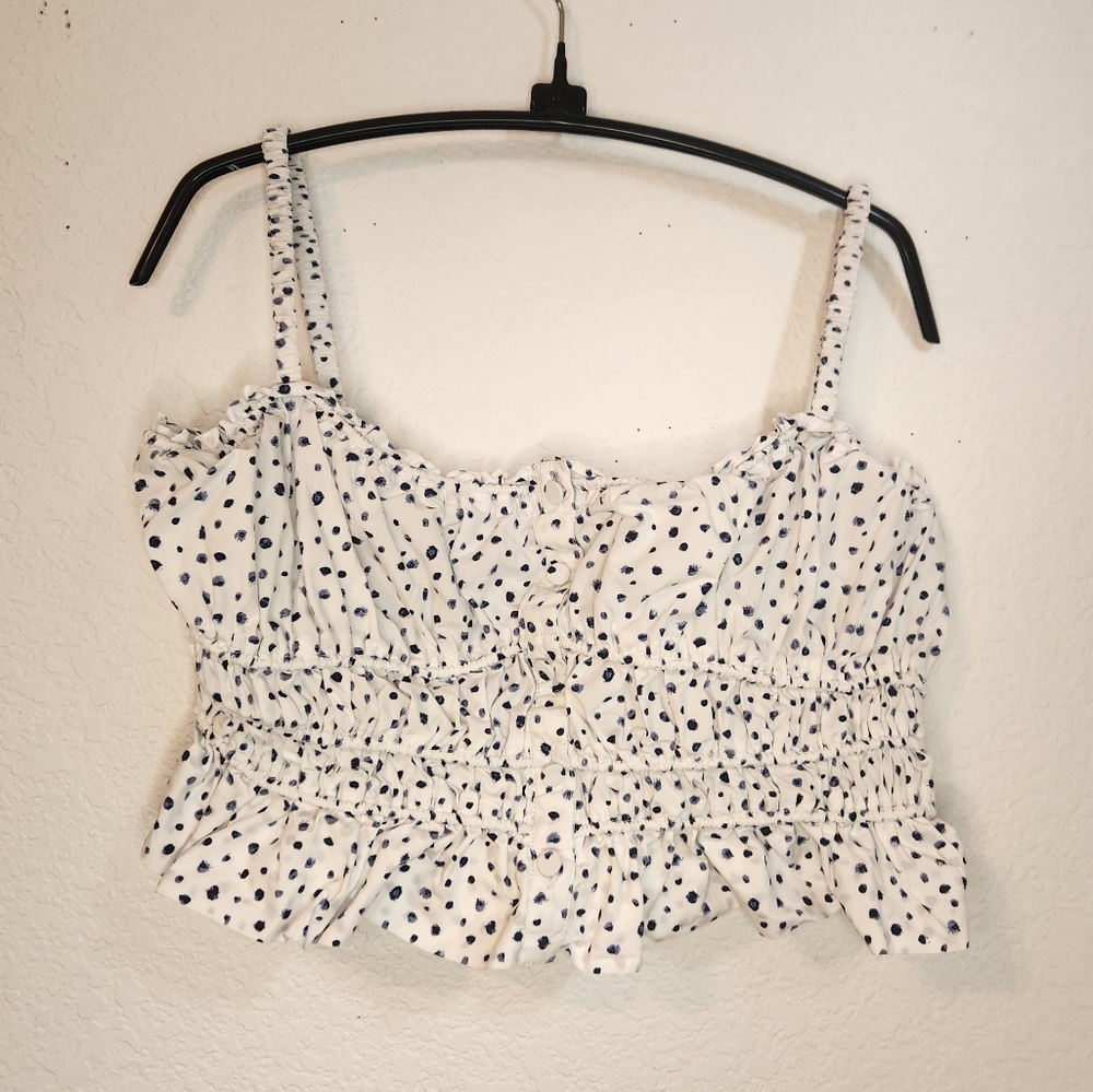 J. Crew Cinched Waisted Cotton Crop Top with‎ Blue Dots, Size S